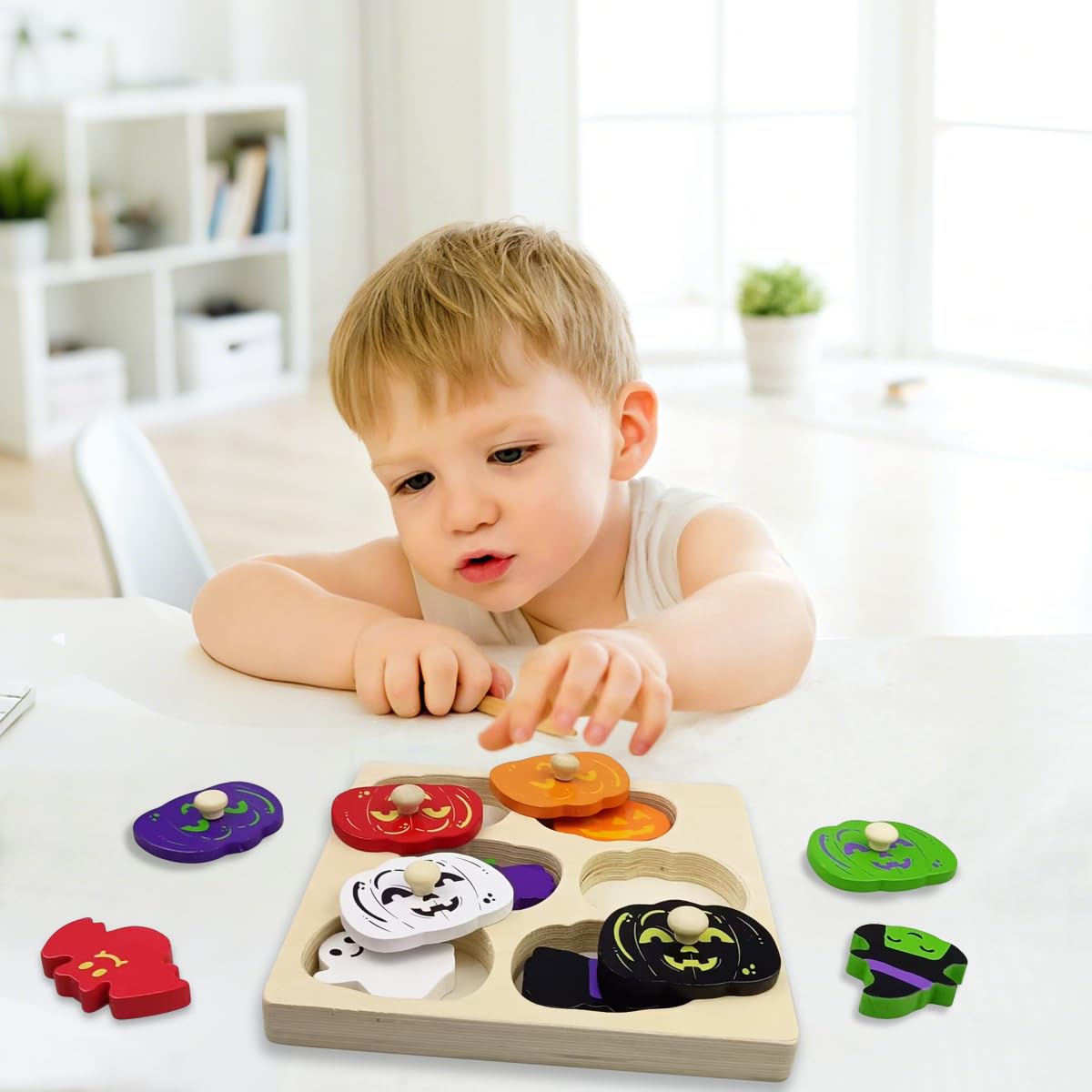 OCBTOW Halloween Pumpkin wooden puzzle spider piece promotes grip and coordination.