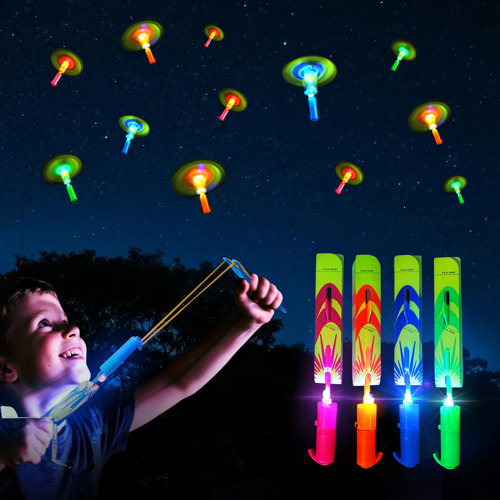 OceanWings LED flying set launchers and helicopters ready for outdoor play.
