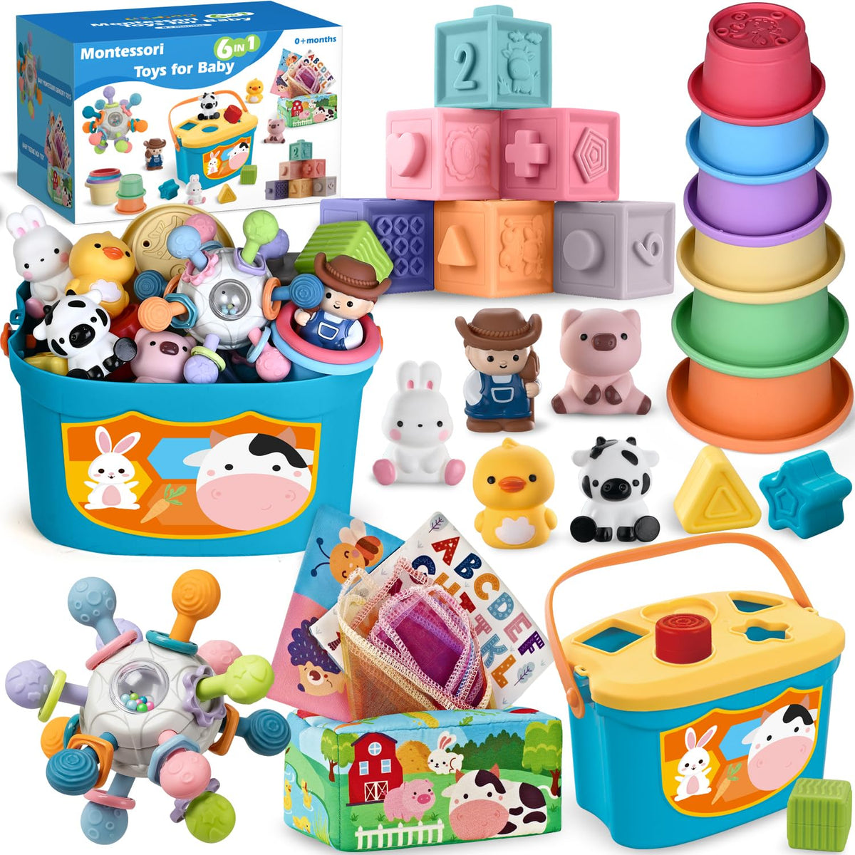 OCHIDO 6-in-1 Montessori teething toys support sensory exploration for infants.