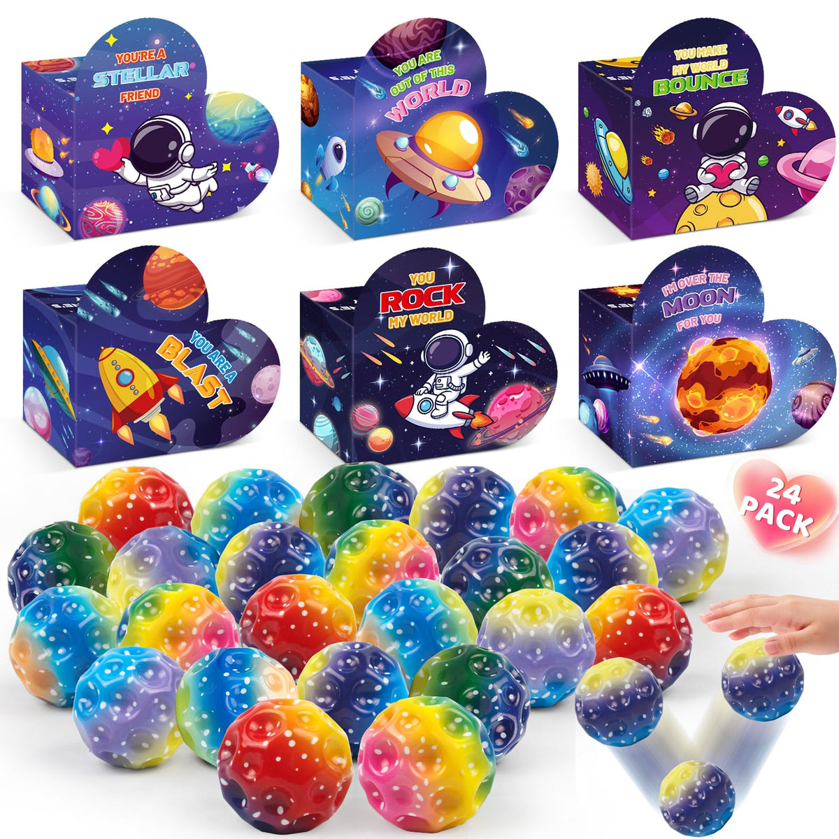 OCHIDO Valentines space card box featuring vibrant space designs for classroom exchanges.