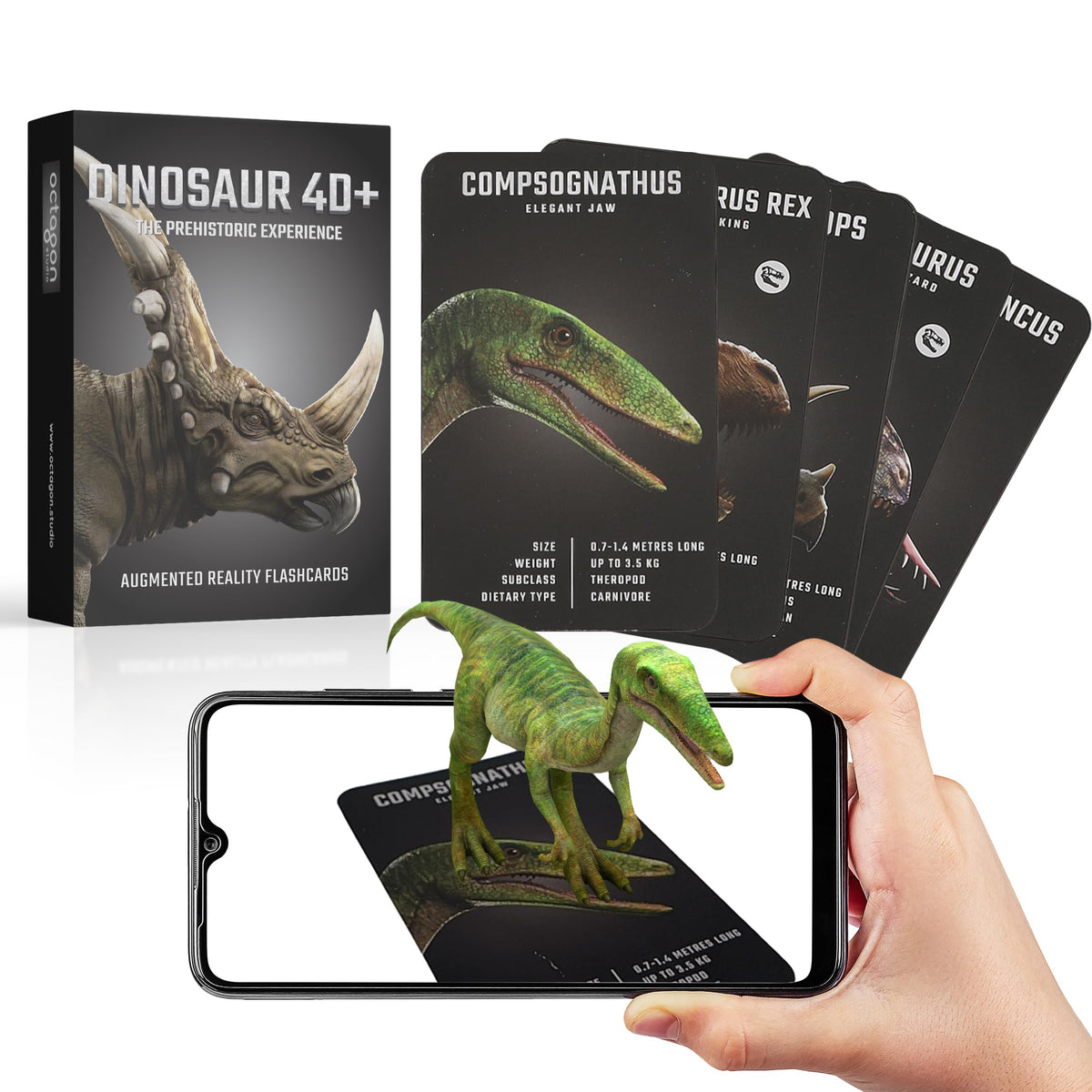 Octagon Studio Dinosaur 4D+ flashcards show T-Rex stomp in AR for immersive learning