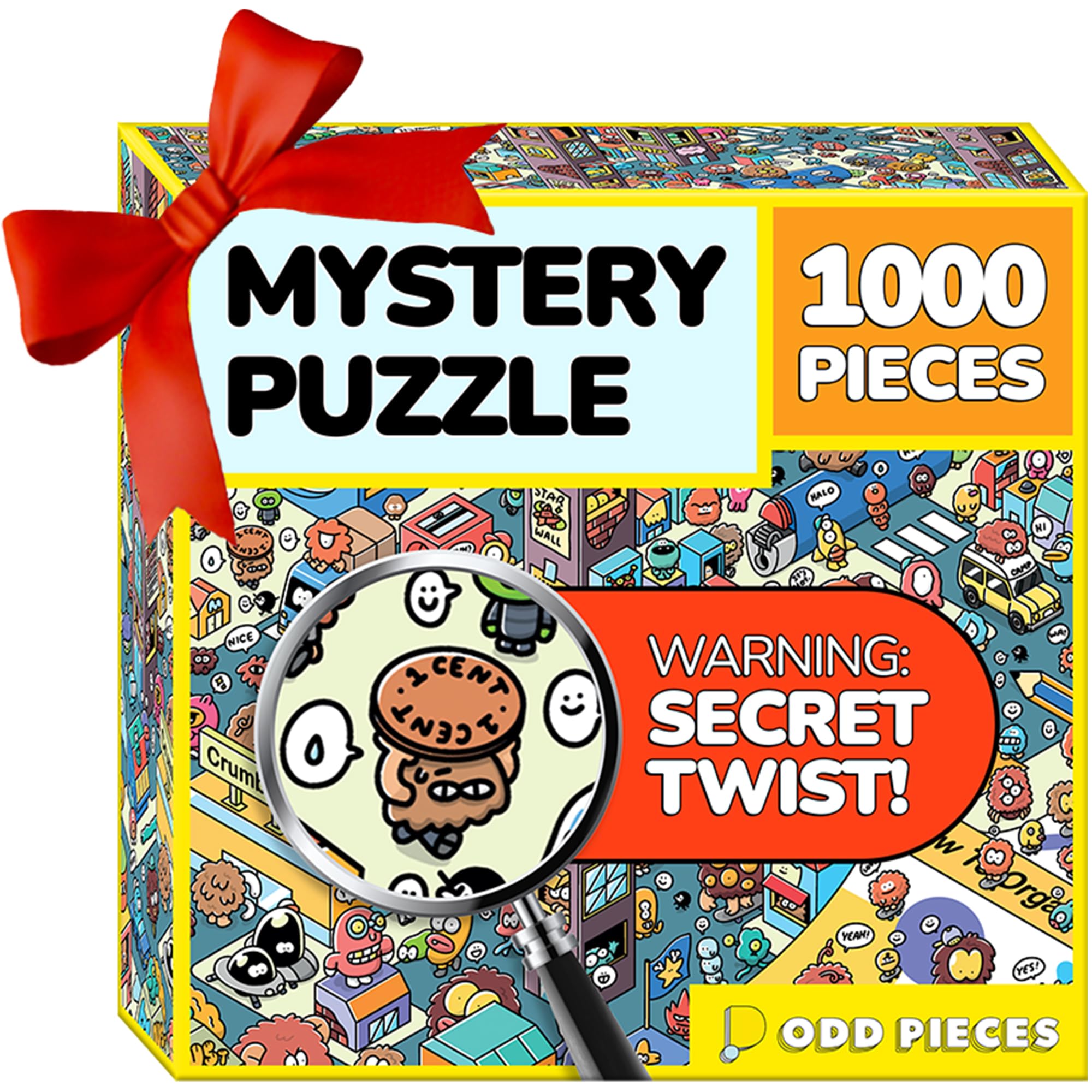Odd Pieces puzzle box front showing the storytelling twist for curious puzzlers.