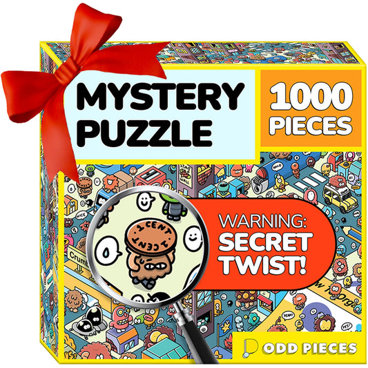 Odd Pieces puzzle box front showing the storytelling twist for curious puzzlers.