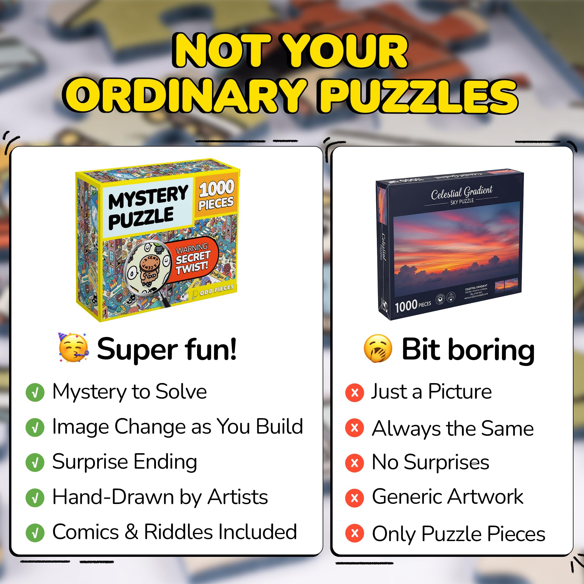 Two reference posters and logo piece included in Odd Pieces puzzle set.