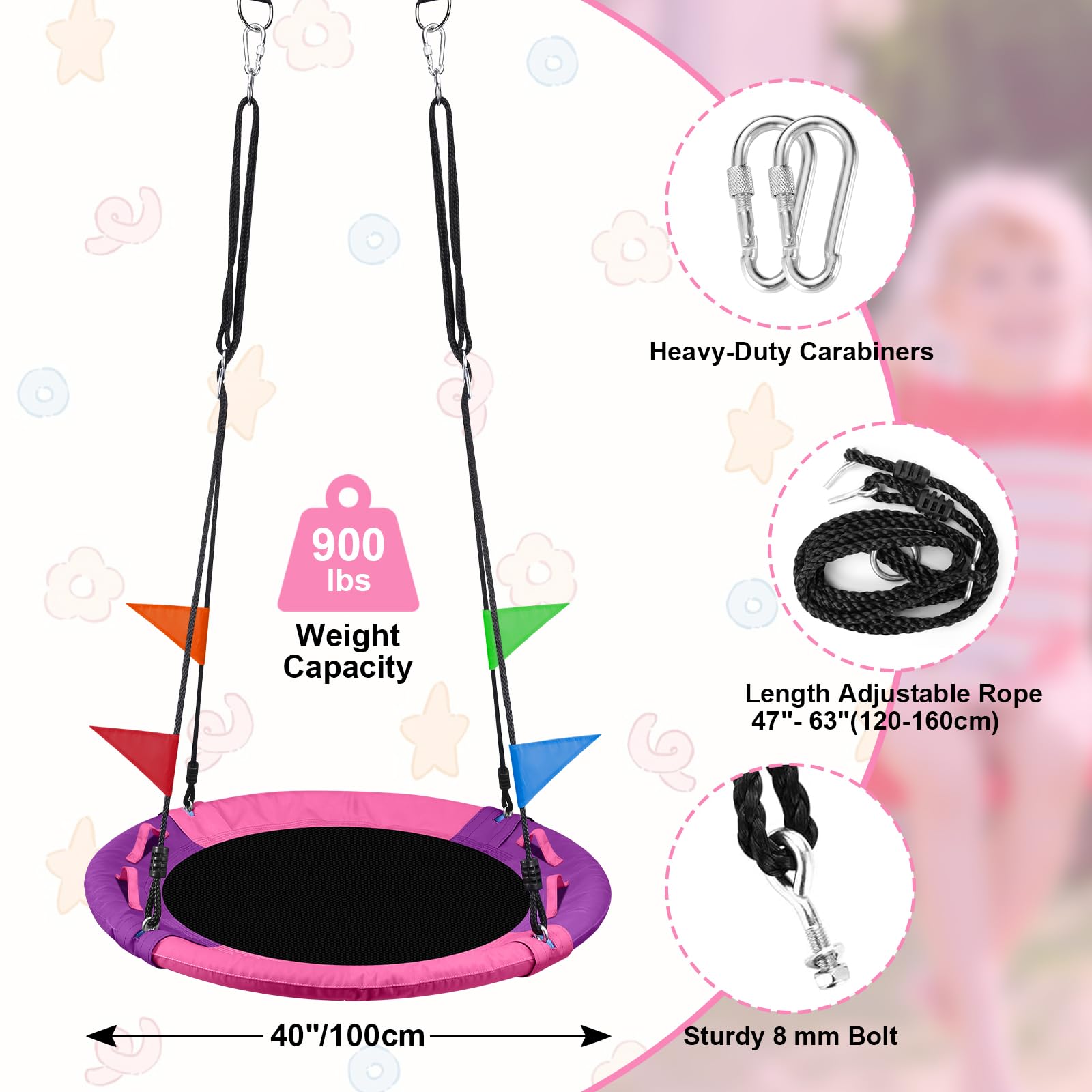 Pink Odoland saucer swing mounted on a tree in a backyard setting.