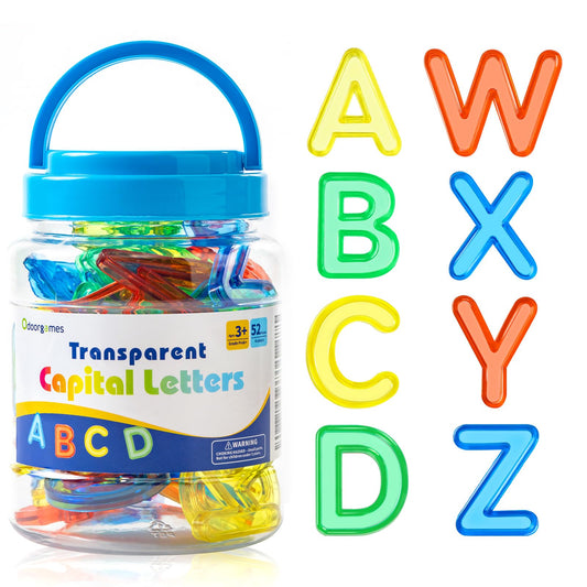 Odoorgames 52-pcs translucent capital letters in a jar for playful word-building.