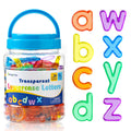Odoorgames translucent lowercase letters set 1 on a light table for colorful spelling practice.