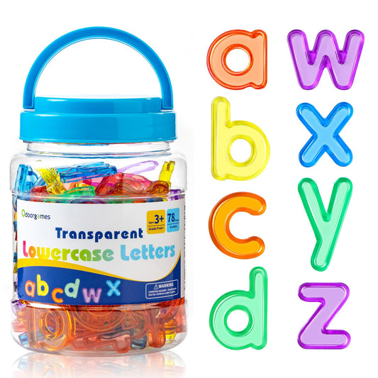 Odoorgames translucent lowercase letters set 1 on a light table for colorful spelling practice.
