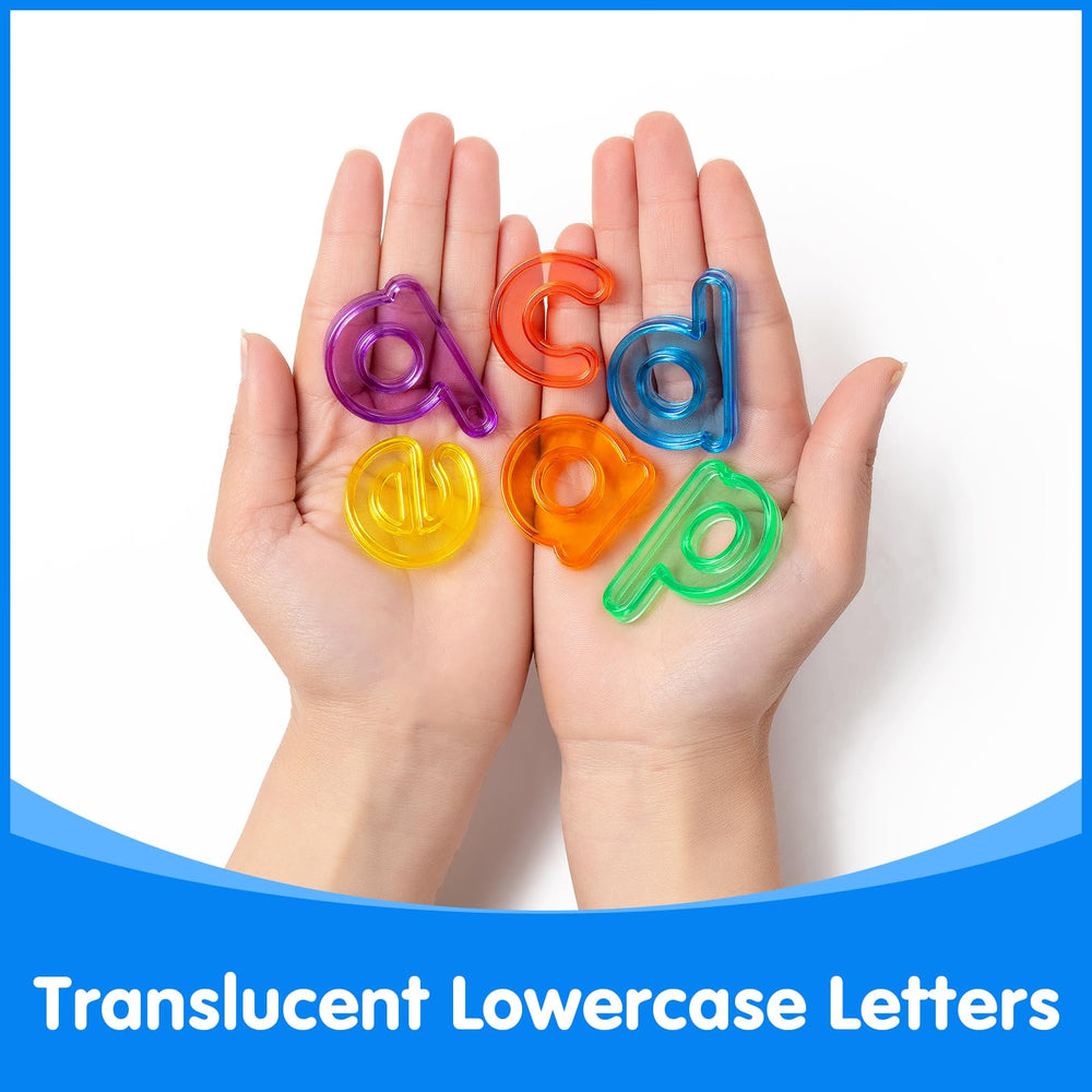 Odoorgames translucent lowercase letters set 3 on a light table for learning letters.