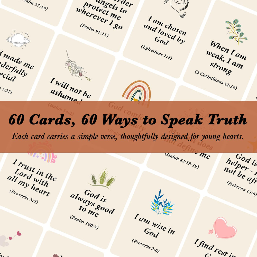 Odrano biblical affirmations cards artwork shows cheerful characters engaging children.