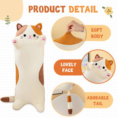 Oeonuas cat plush beige on bed ready as comforting bedtime companion