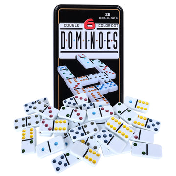 Offelec Double Six dominoes set with tin storage for easy travel and organization.