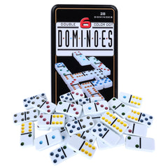 Offelec Double Six dominoes set with tin storage for easy travel and organization.
