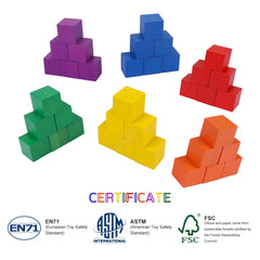 Offelec wooden blocks stacked into a tower encouraging spatial reasoning.
