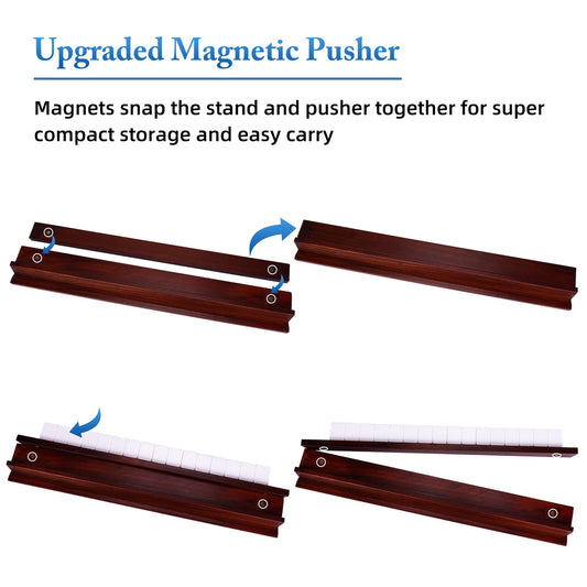 Offelec wooden mahjong racks with magnetically attached pushers for quick setup.