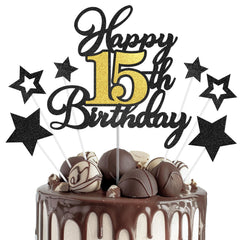 OffiCreative Happy 15th Birthday topper on a cake with glittery focal point