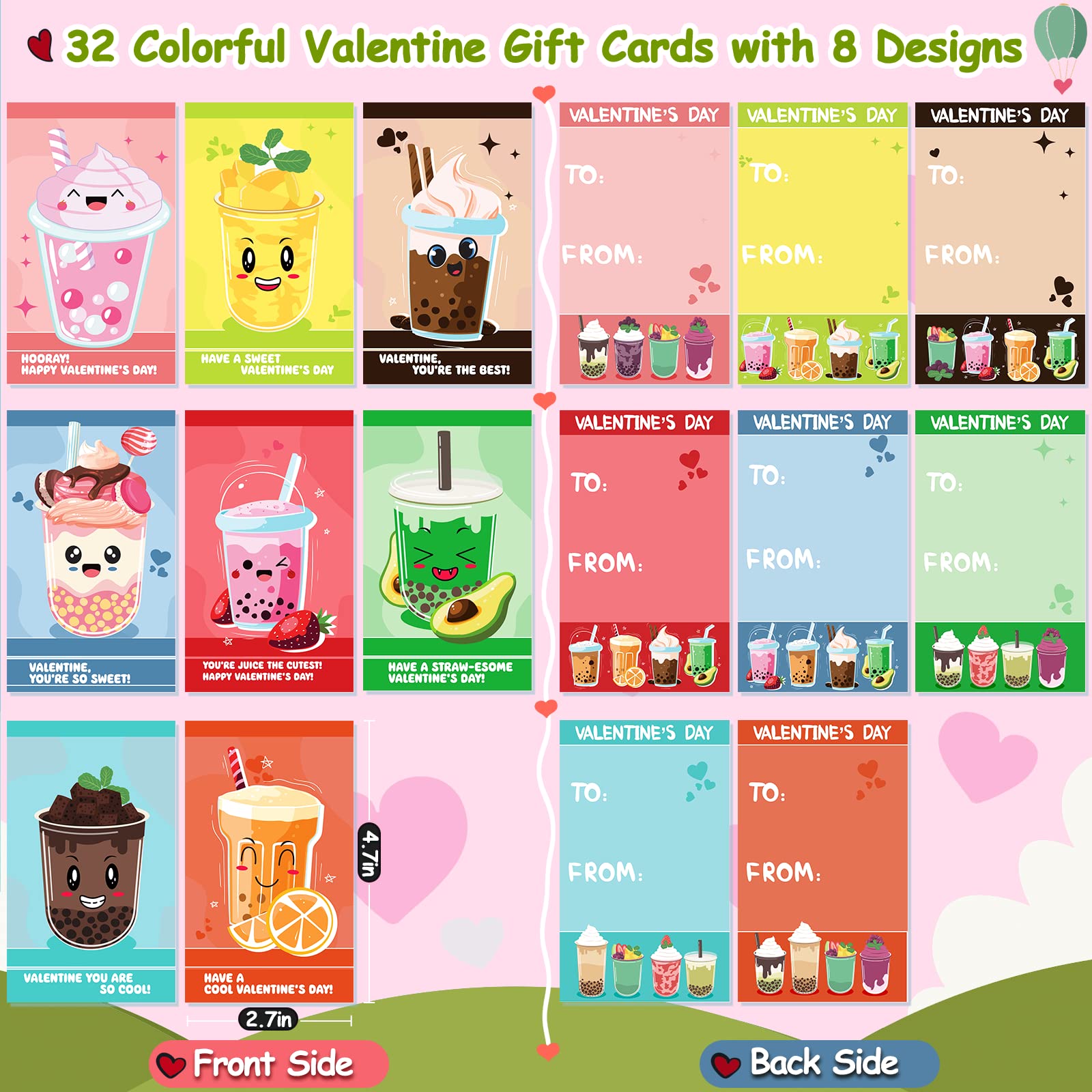 Close-up of colorful drink-shaped straws paired with Officygnet valentines cards.