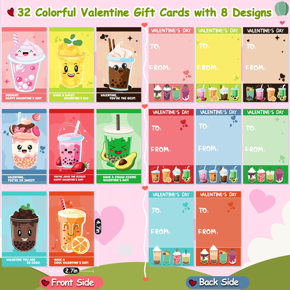 Close-up of colorful drink-shaped straws paired with Officygnet valentines cards.