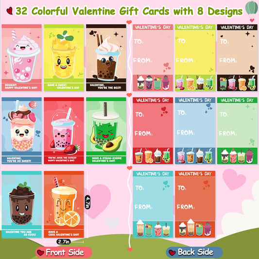 Close-up of colorful drink-shaped straws paired with Officygnet valentines cards.