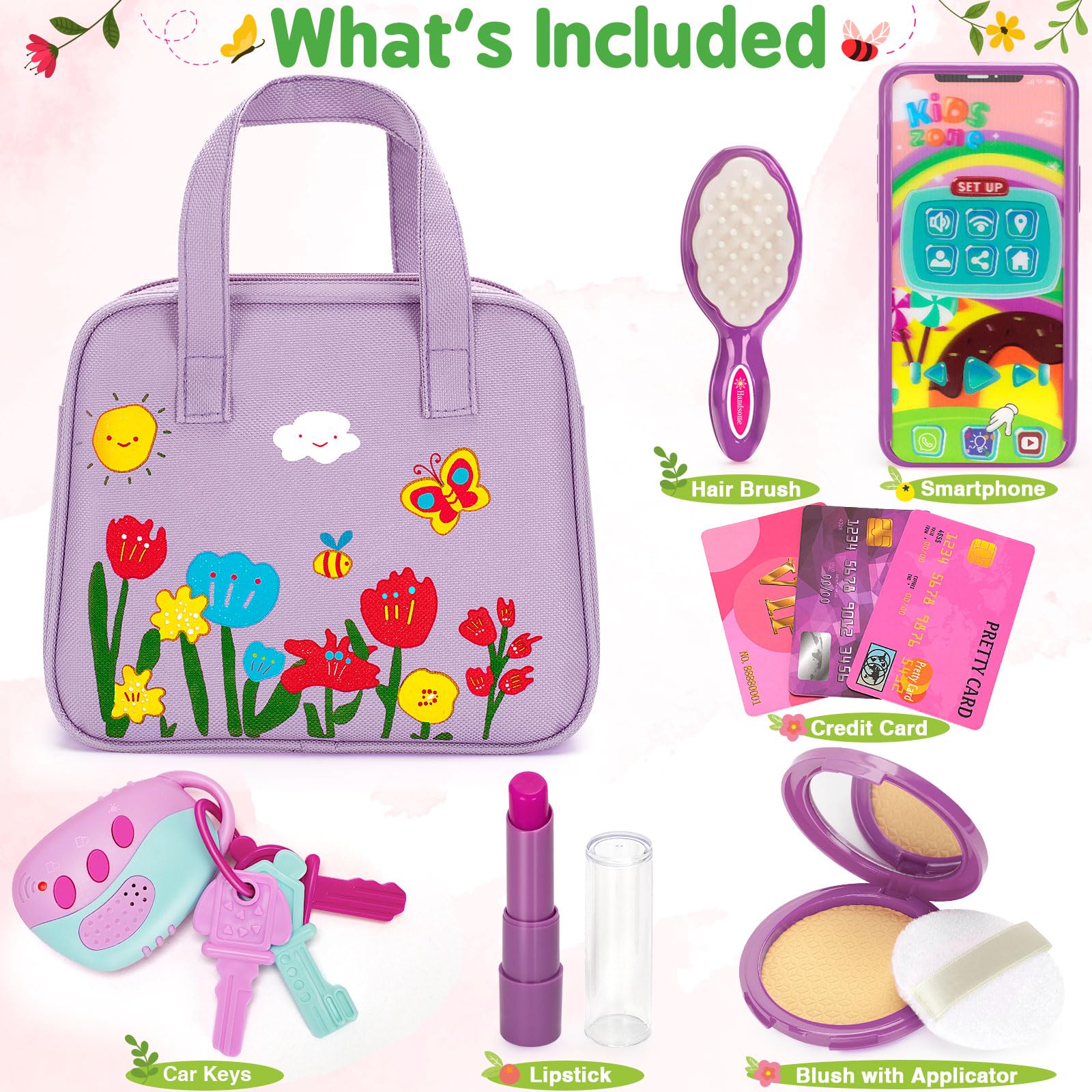 Officygnet purse toy hair brush to encourage grooming habits during pretend play.