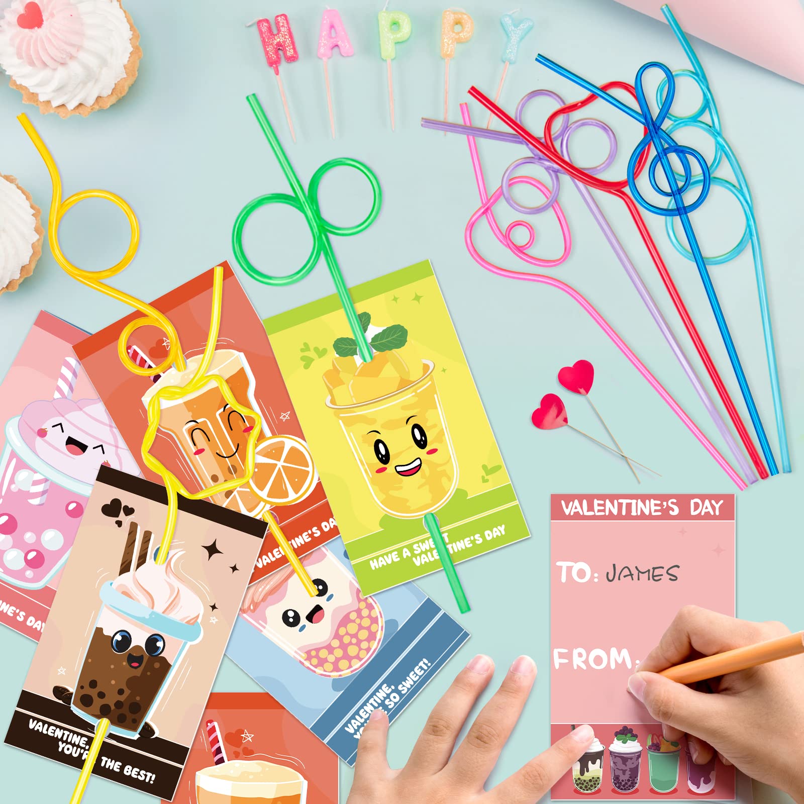 Colorful looped straws attached to Officygnet cards for kids' party fun.
