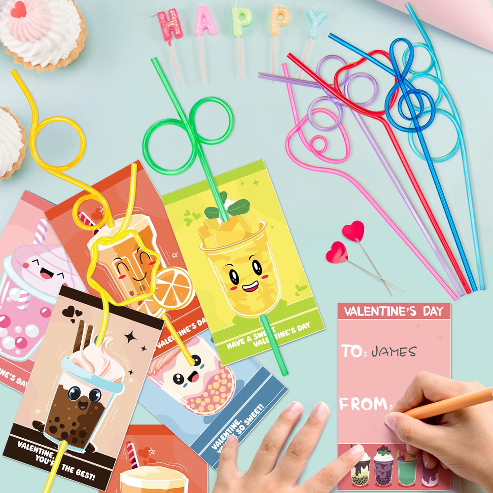 Colorful looped straws attached to Officygnet cards for kids' party fun.