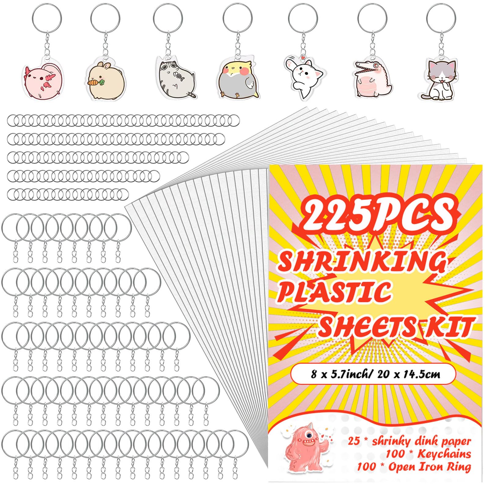 OFNMY 225pcs Shrinky Dink kit cover image showing contents for creative fun