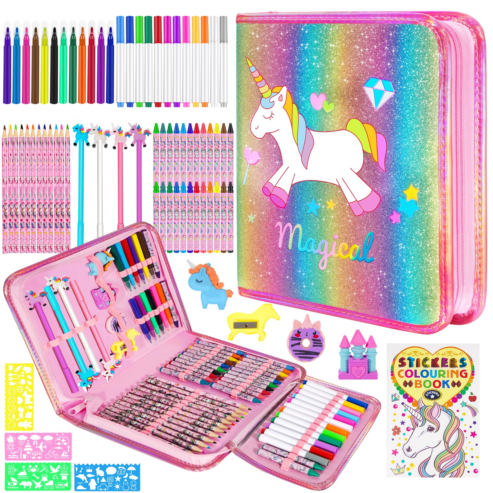 OFUSUY unicorn glitter pencil case keeps art supplies organized for kids.