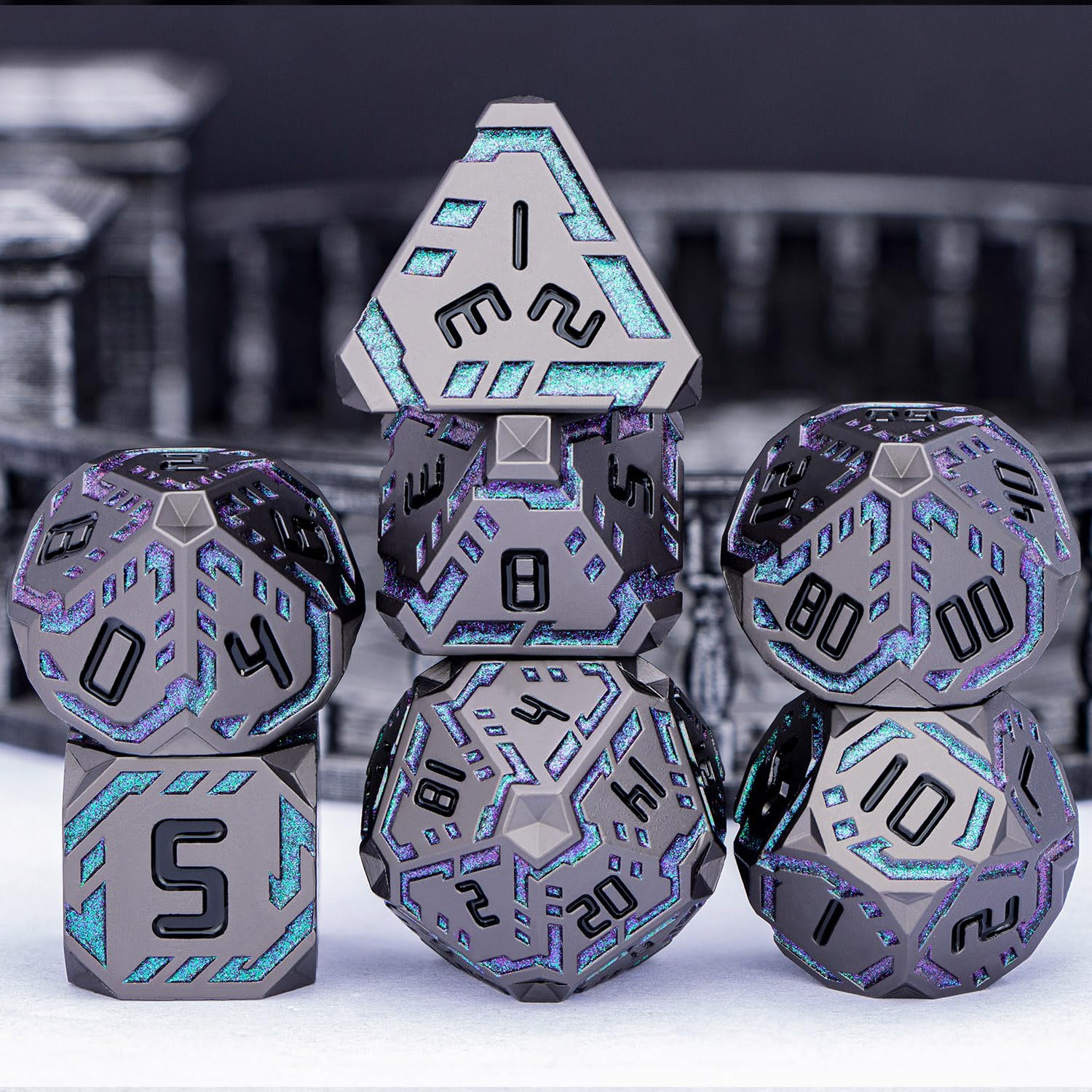 OGCOPHEN DND stripe closeup shows etched energy lines on metal dice