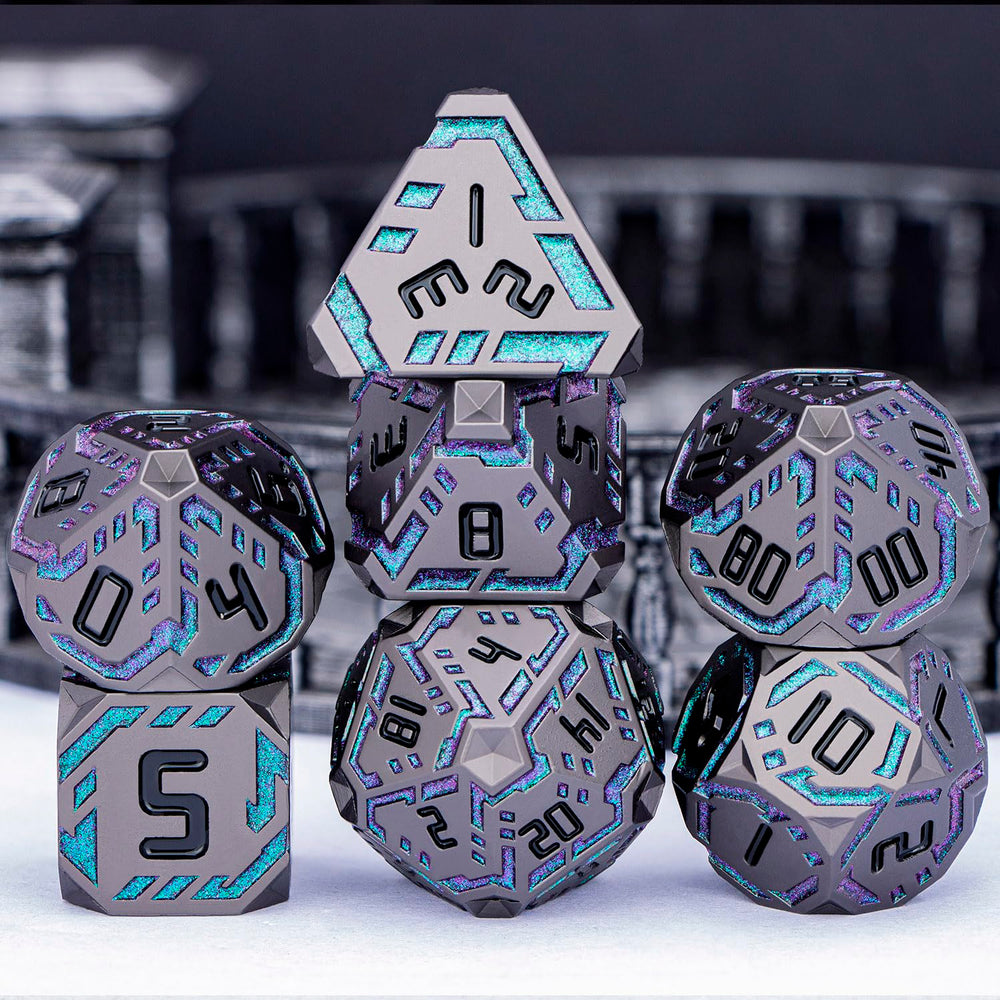 OGCOPHEN DND stripe closeup shows etched energy lines on metal dice