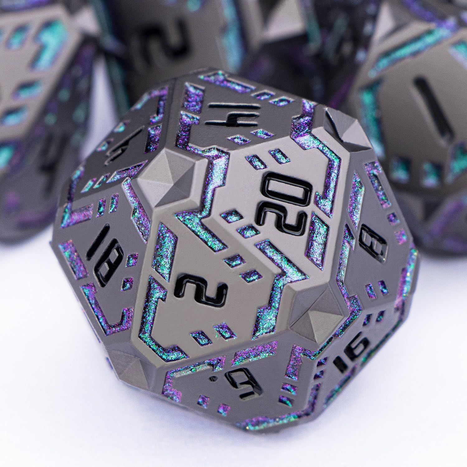 OGCOPHEN DND stripe metal dice in gift box illustrating futuristic design and portability