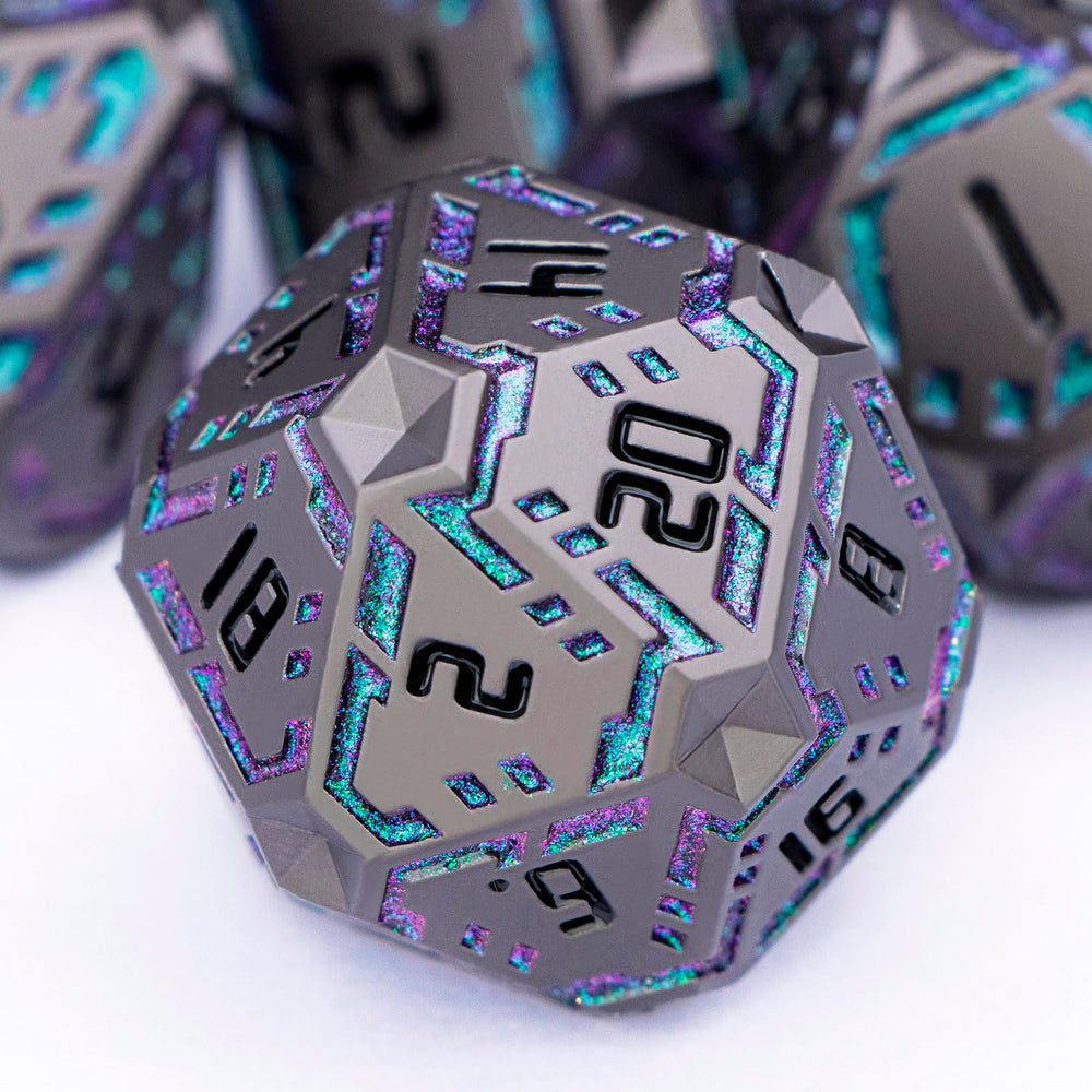 OGCOPHEN DND stripe metal dice in gift box illustrating futuristic design and portability