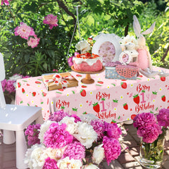 OGMOGKW pink berry birthday tablecloth suitable for baby showers.