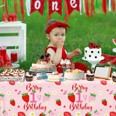OGMOGKW strawberry design tablecloth close-up enhances pink party ambiance.