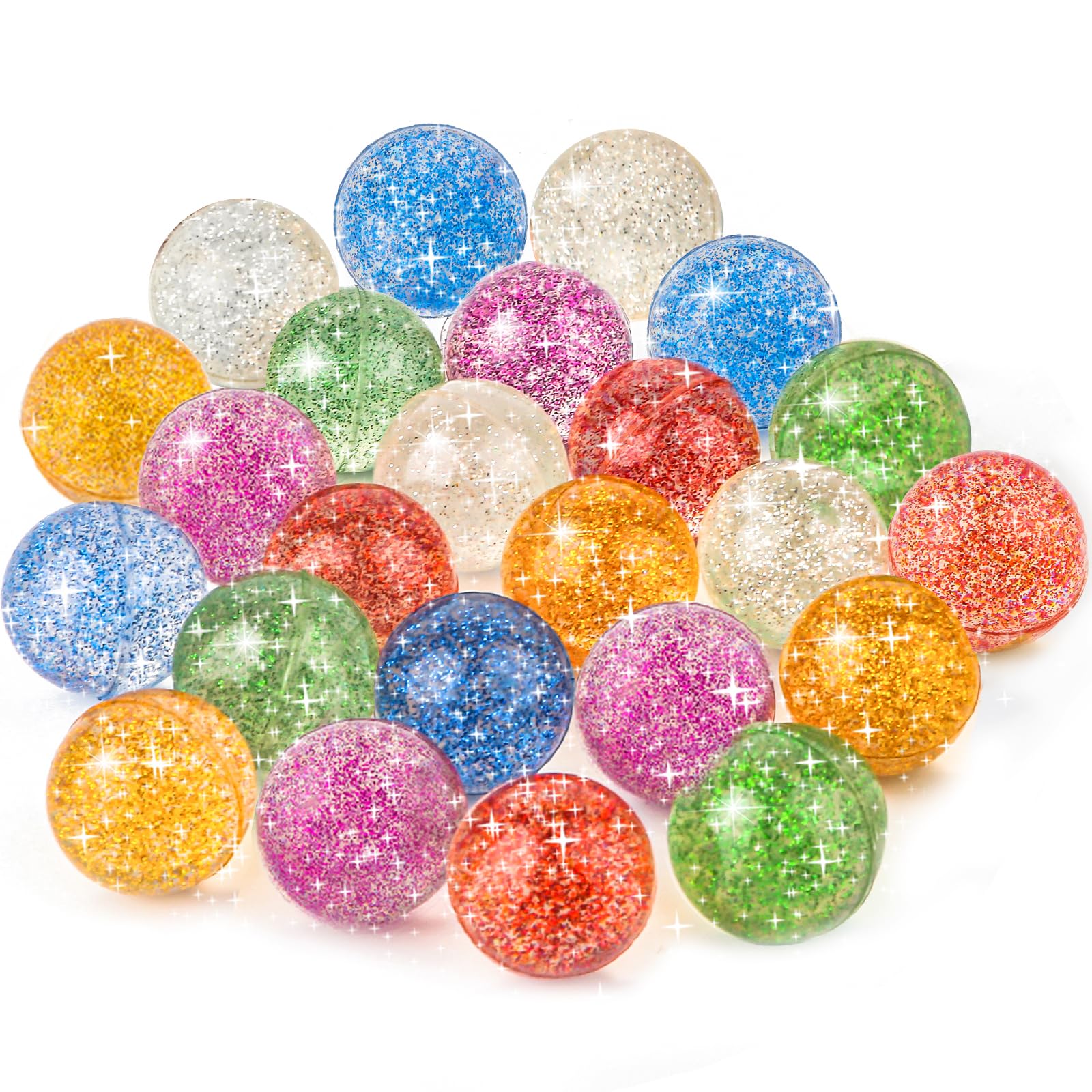 Ohanniewa glitter bouncy balls in six colors, ideal for party favors and prizes.