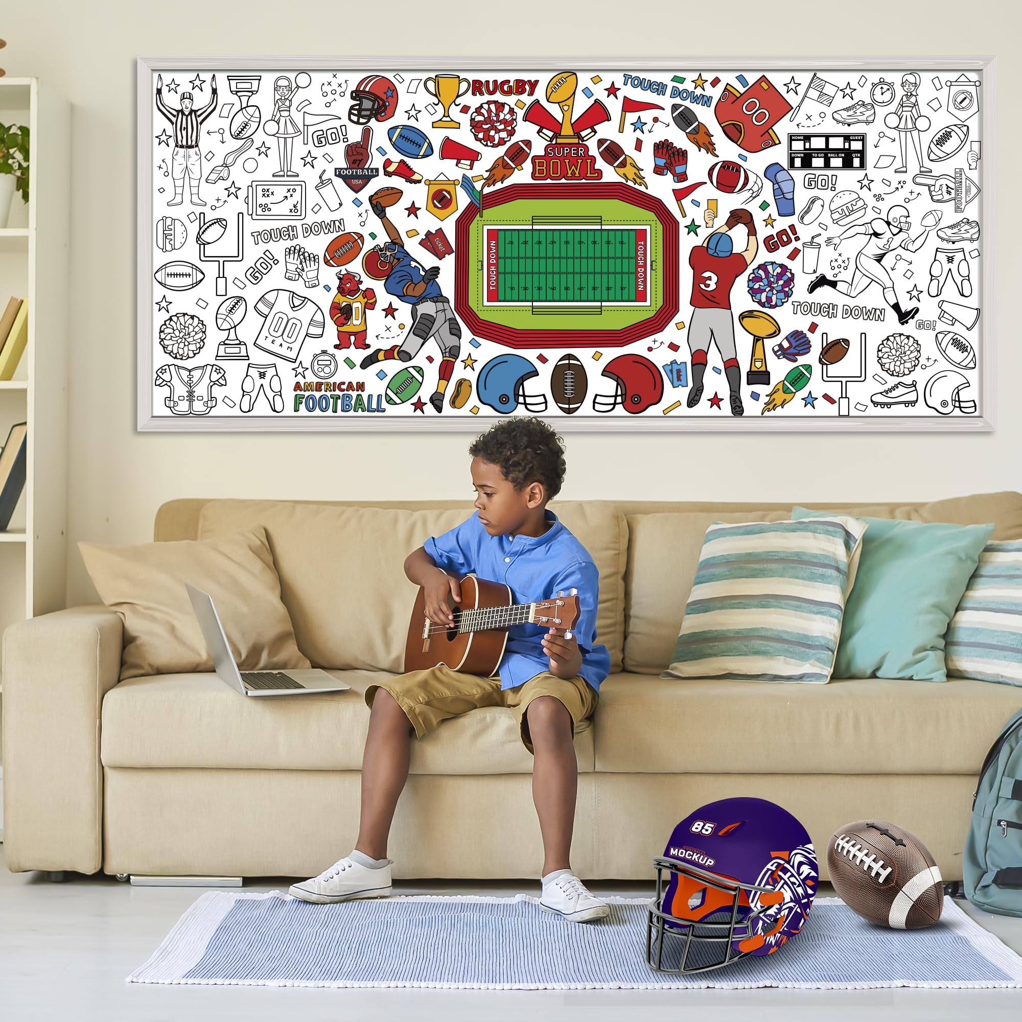 OHOME football giant banner inspires creativity with paints and colors.