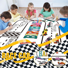 OHOME Race Car birthday decor banner doubles as a practical, mess-controlling tablecloth for crafts