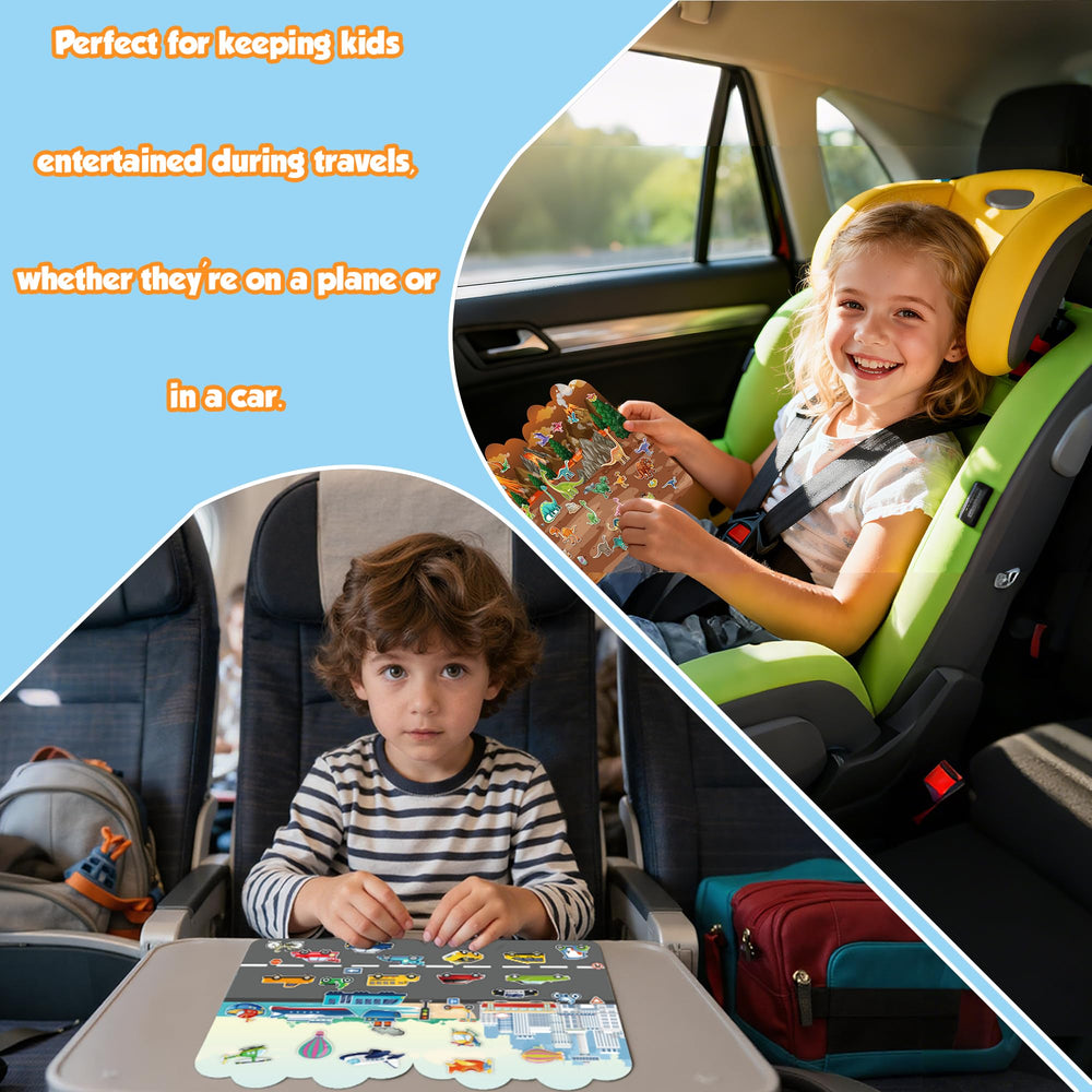 OHOME travel-sized sticker book shown beside packing for on-the-go play