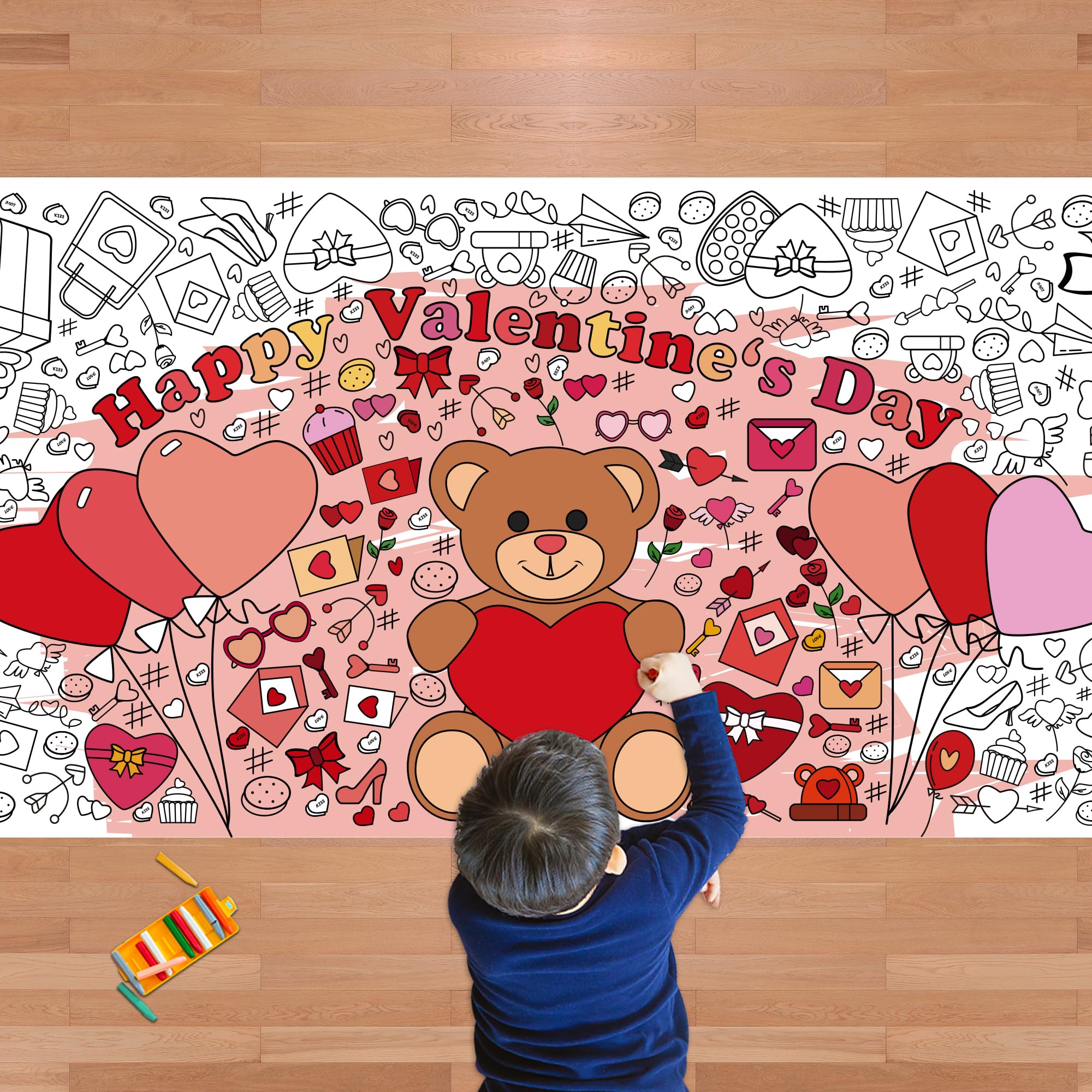 OHOME Valentines giant coloring poster banner unfolded for classroom arts and activities.