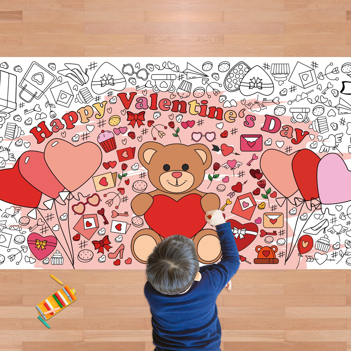 OHOME Valentines giant coloring poster banner unfolded for classroom arts and activities.