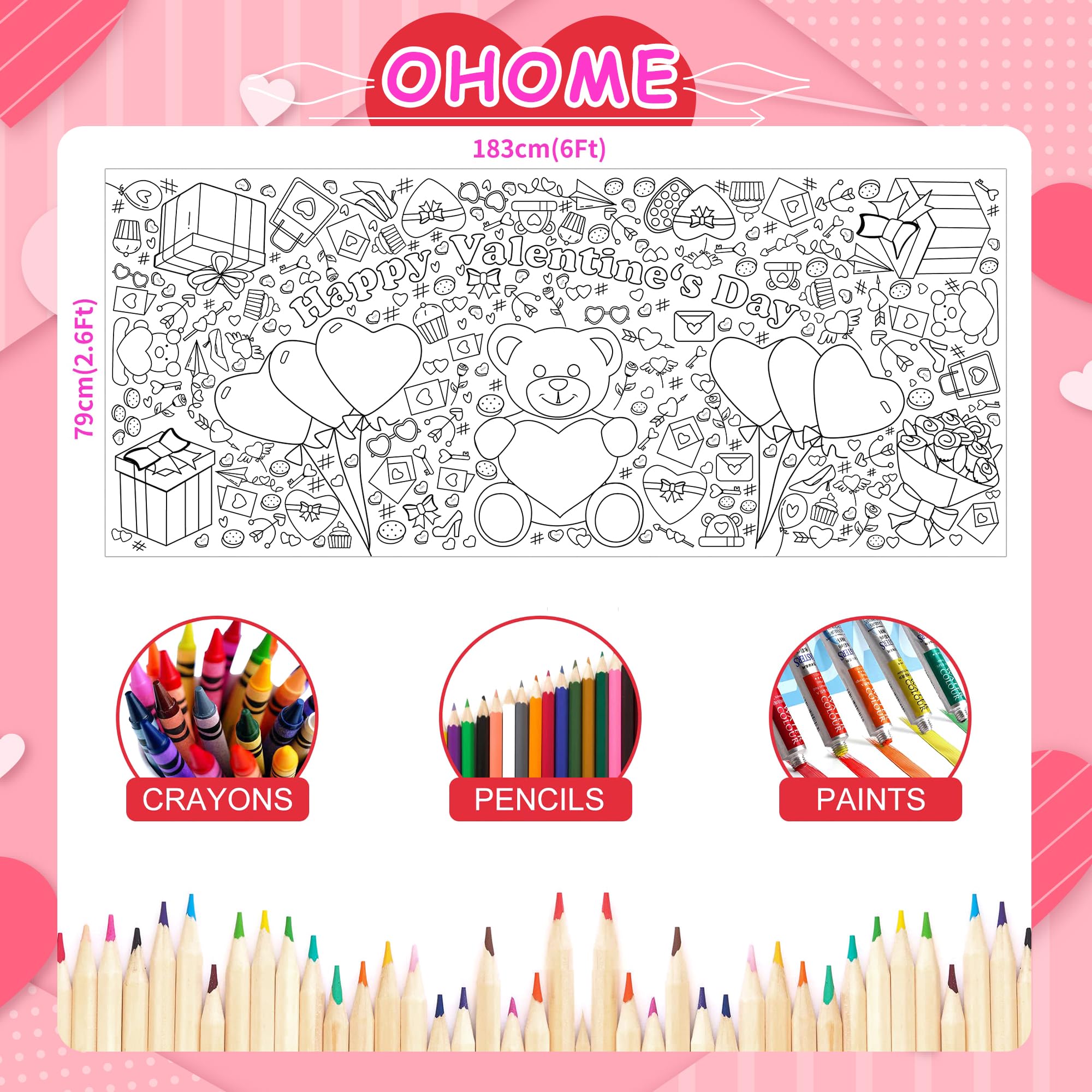 OHOME Valentines tablecloth protecting desks during kids' coloring sessions.