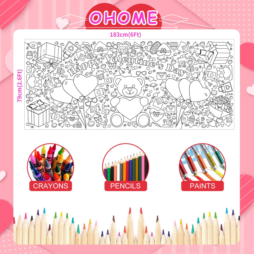 OHOME Valentines tablecloth protecting desks during kids' coloring sessions.