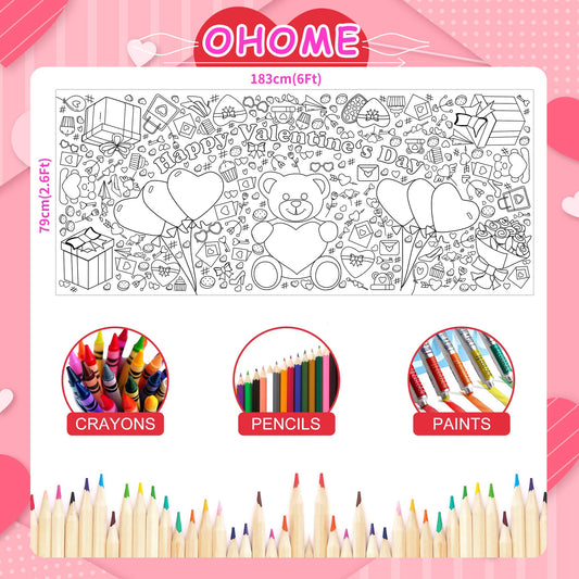 OHOME Valentines tablecloth protecting desks during kids' coloring sessions.