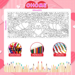 OHOME Valentines tablecloth protecting desks during kids' coloring sessions.
