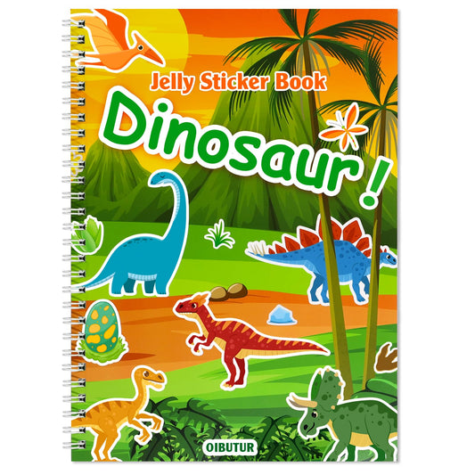 OIBUTUR dinosaur stickers book cover featuring a playful scene to spark imagination.