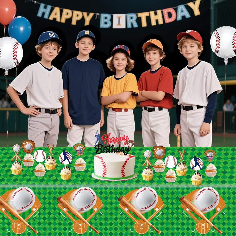 Oigco setup showing baseball tablecloths on a large party table