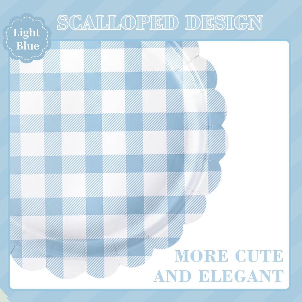 Oigco blue gingham plates enhance cohesive party styling and color.
