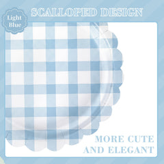 Oigco blue gingham plates enhance cohesive party styling and color.