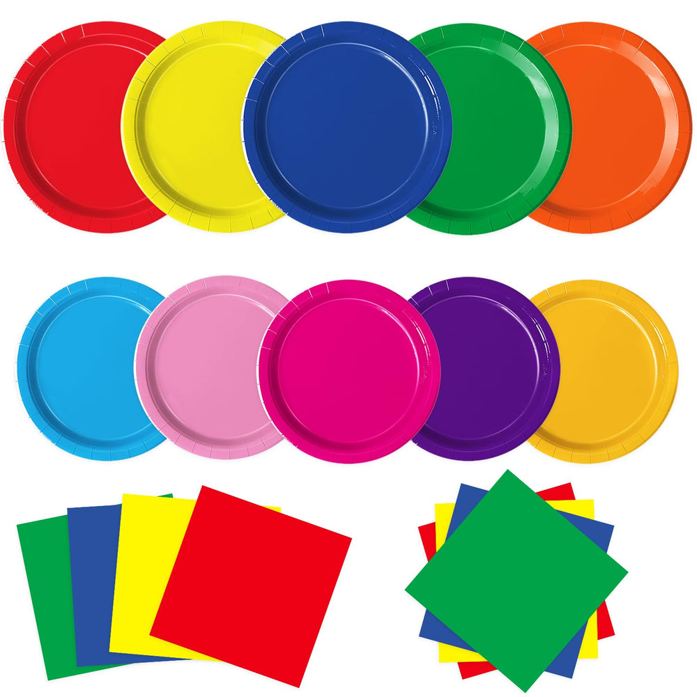Oigco colorful plates setup shows vibrant rainbow hues for festive tables.