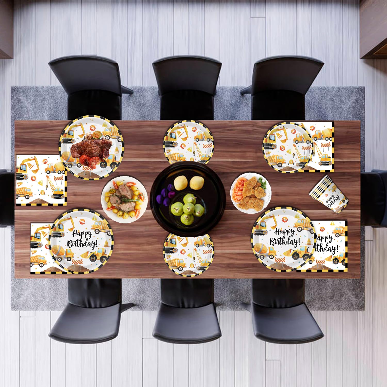 Oigco construction designs decorate tables with construction-themed patterns for immersive party vibes.